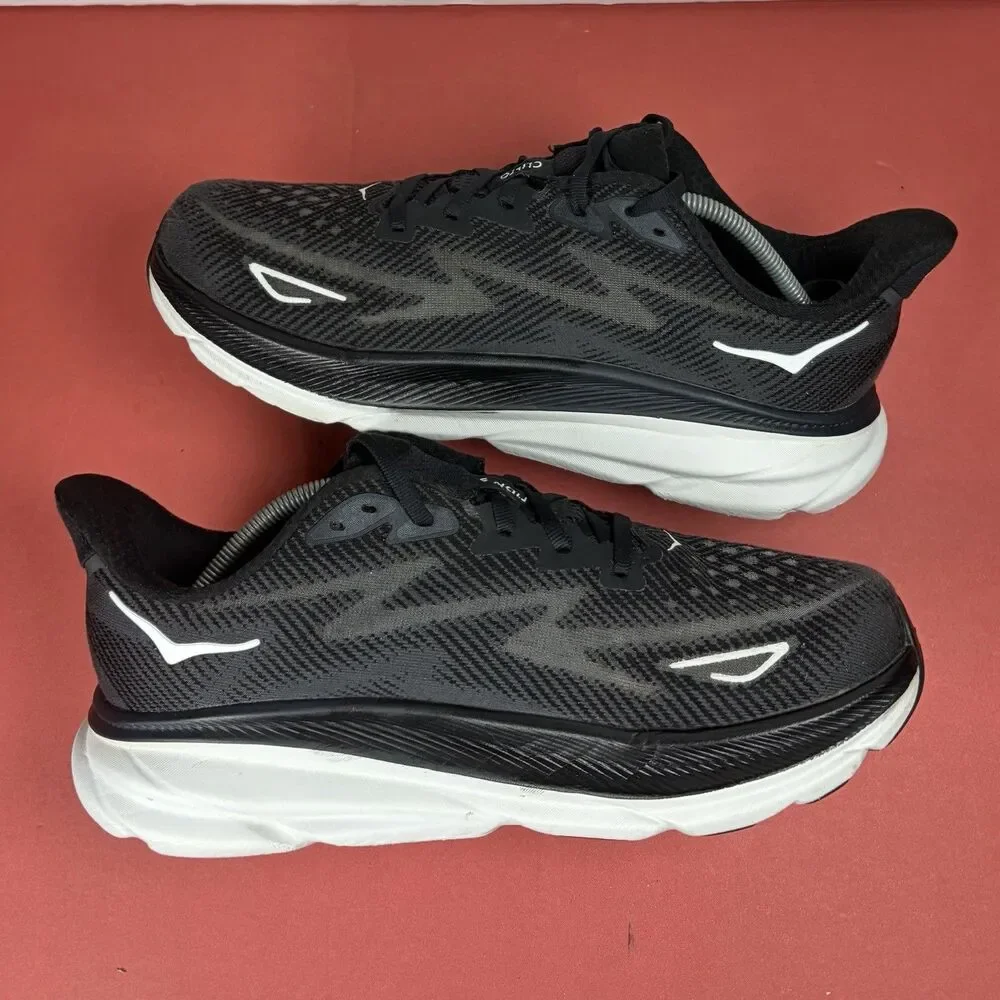 Hoka One One Clifton 9 Shoes Womens Size 9.5 Black Running Sneakers 1127896 BWHT